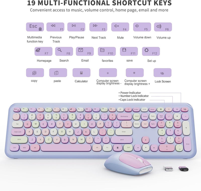 SkyGive Wireless Keyboard and Mouse Combo, Colorful Ergonomic Full Size Retro Low-Noise Keyboard with Cute keycaps, Compatible with Windows, PC, Perfer for Home and Office Keyboards (Purple) - Image 3